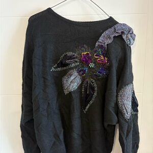 Embellished Black Sweater with Floral Design